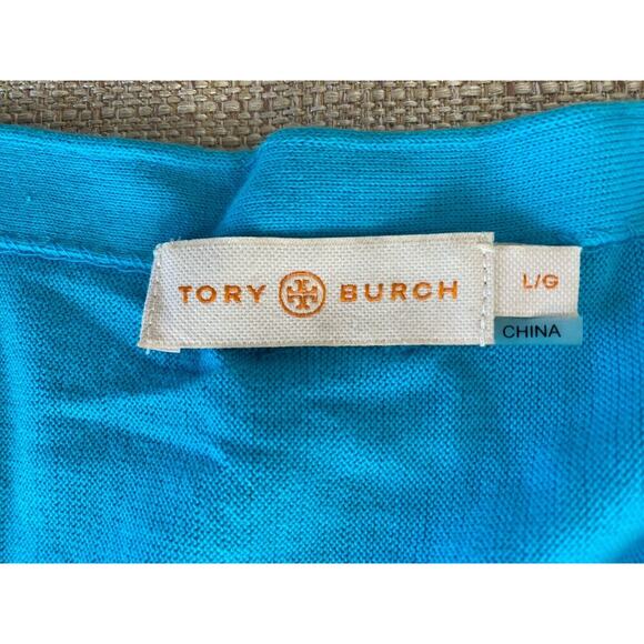 TORY BURCH Cardigan Blue Long Sleeve Open Front Draped Sweater L - Picture 11 of 12